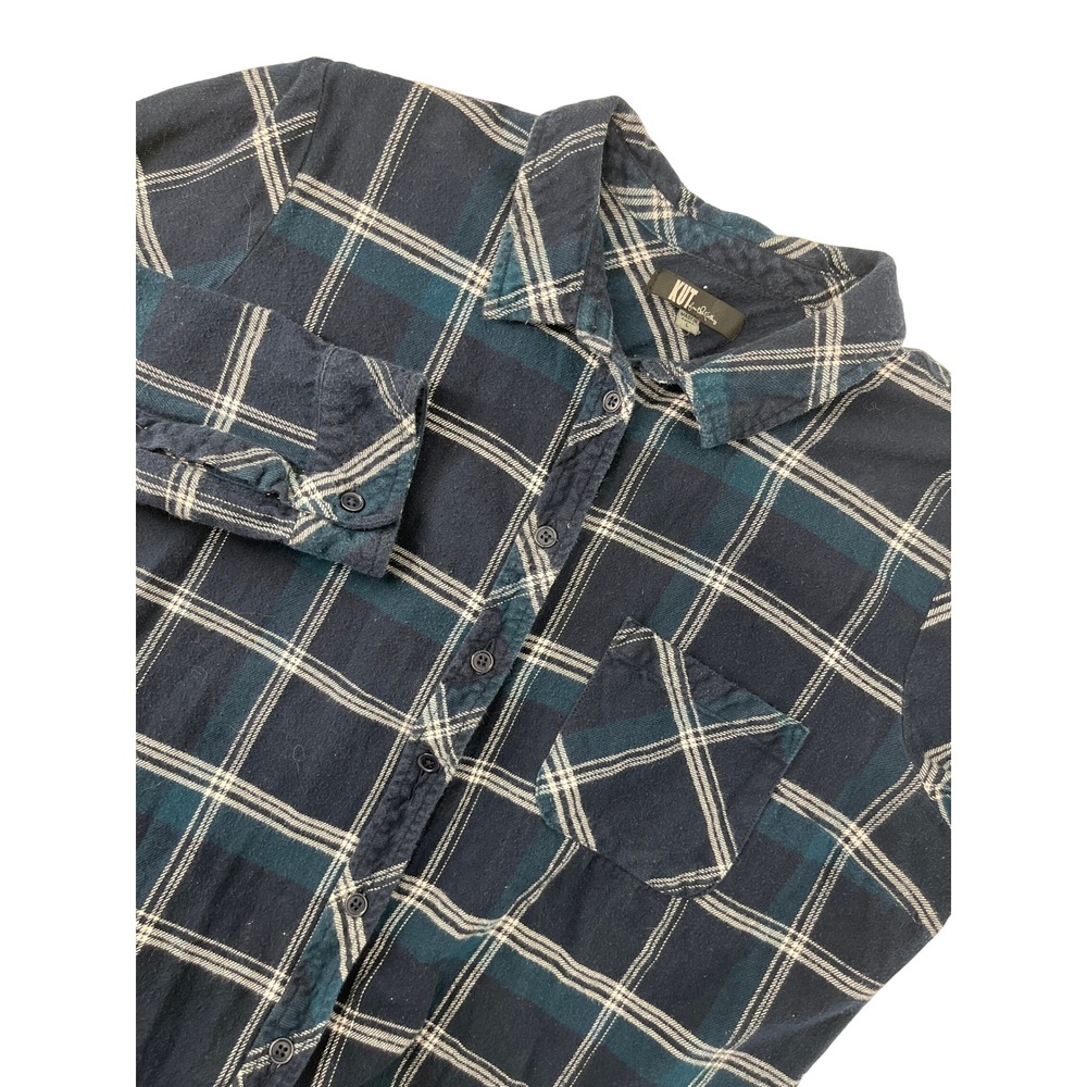 KUT from the‎ Kloth Women Navy Teal Plaid Cotton Flannel Button Down Shirt L